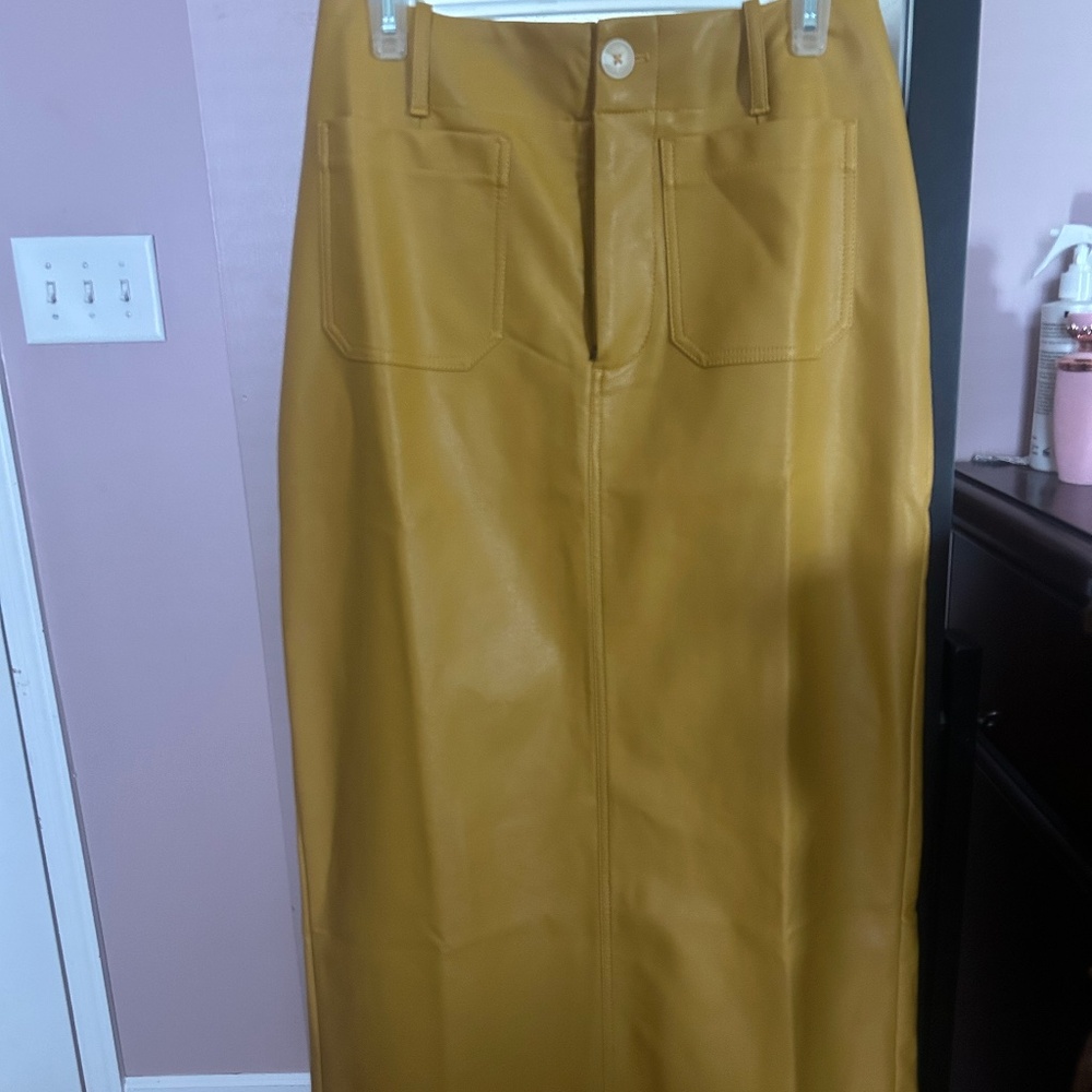 New Anthropologie The Colette Maxi Skirt Maeve Faux Leather Edition In mustard